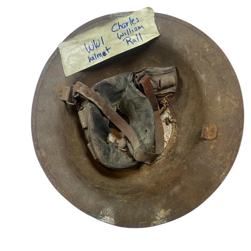 Original WW1 Doughboy M1917 Helmet with Satchel Stamped R/V 34 Red Paint  - Read